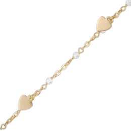 10K Solid Gold Crystal Bead and Mirror Hearts Station Chain Anklet Made in Italy - 9&quot; + 1&quot;