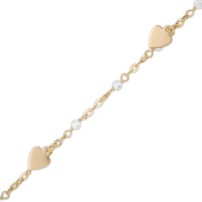 10K Solid Gold Crystal Bead and Mirror Hearts Station Chain Anklet Made in Italy - 9" + 1"
