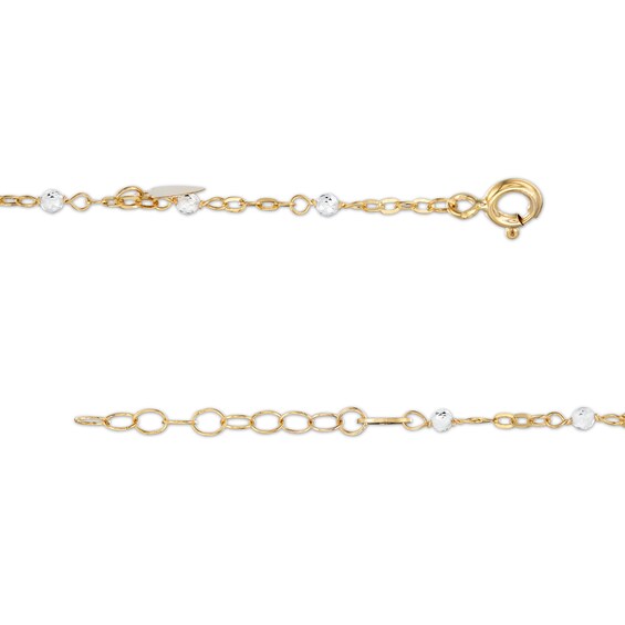 10K Solid Gold Crystal Bead and Mirror Hearts Station Chain Anklet Made in Italy - 9" + 1"