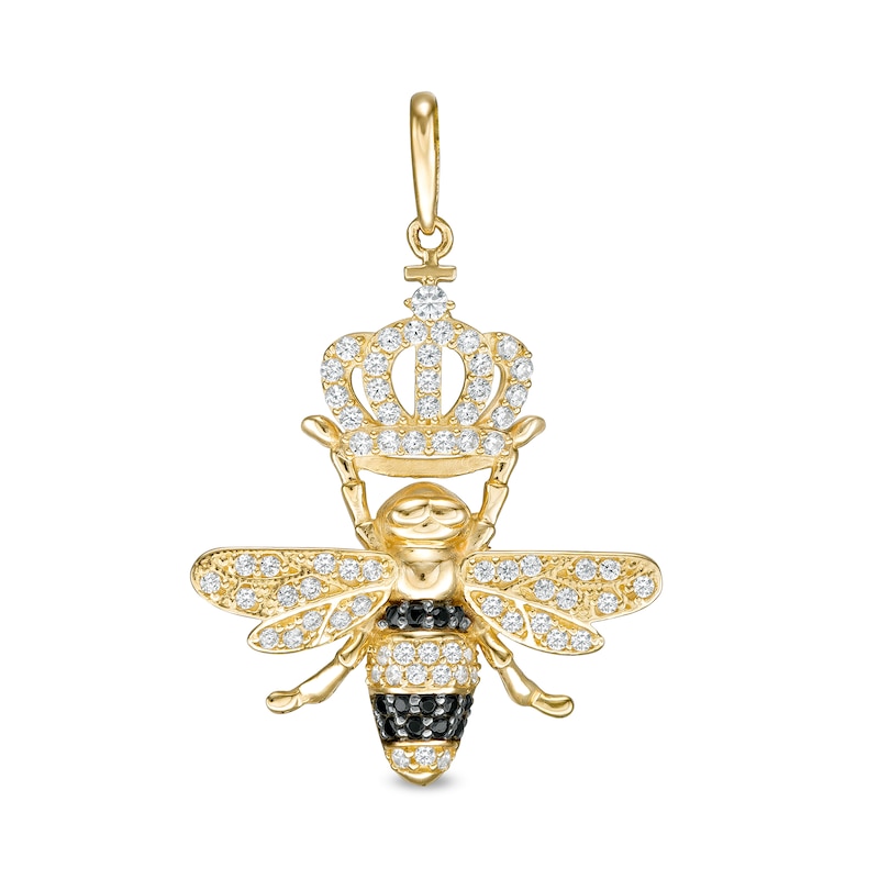 Black and White Cubic Zirconia Crowned Queen Bee Necklace Charm in 10K Solid Gold
