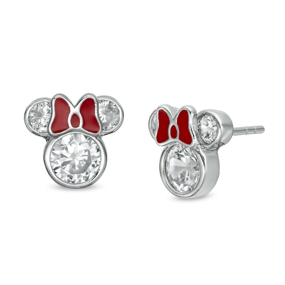 Child's Cubic Zirconia ©Disney Minnie Mouse with Red Enamel Bow Stud Earrings in Sterling Silver