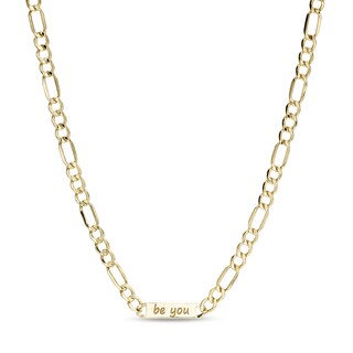 Etched "be you" Link and 080 Gauge Hollow Figaro Chain Necklace in 10K Gold - 18"