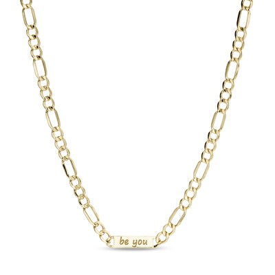Etched "be you" Link and 080 Gauge Hollow Figaro Chain Necklace in 10K Gold - 18"