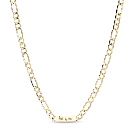 Etched "be you" Link and 080 Gauge Hollow Figaro Chain Necklace in 10K Gold - 18"
