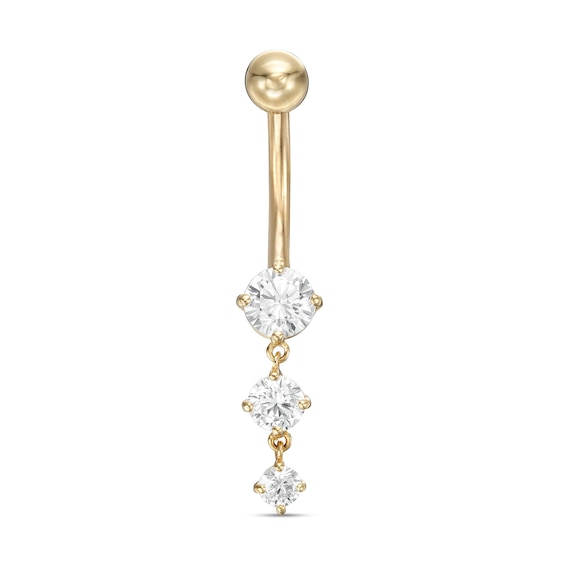 014 Gauge Cubic Zirconia Graduated Triple Dangle Belly Button Ring in 10K Gold