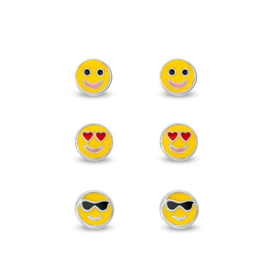 Child's Multi-Color Enamel Smiley Smiling Emoji Stud Earrings Set in Sterling Silver