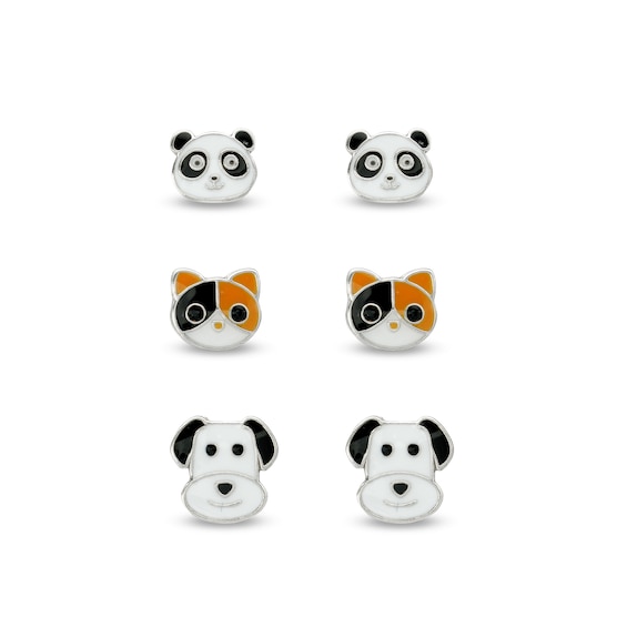 Child's Black Crystal with Black, Brown and White Enamel Panda, Cat and Dog Stud Earrings Set in Sterling Silver