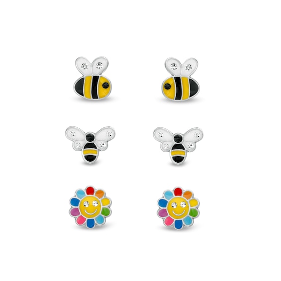 Child's Black and White Crystal Multi-Color Enamel Bumble Bee and Smiling Flower Stud Earrings Set in Sterling Silver