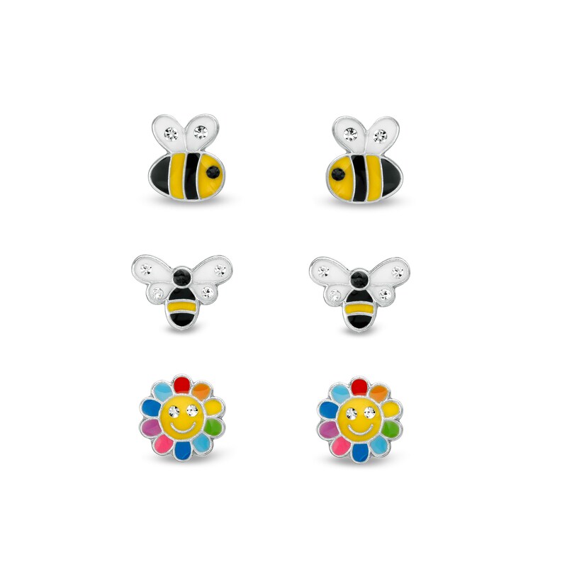 Main Image 1 of Child's Black and White Crystal Multi-Color Enamel Bumble Bee and Smiling Flower Stud Earrings Set in Sterling Silver