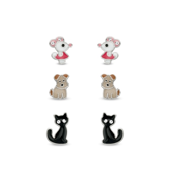 Child's Crystal with Multi-Color Enamel Mouse, Dog and Cat Stud Earrings Set in Sterling Silver