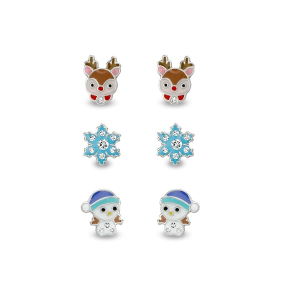 Child's Crystal with Multi-Color Enamel Reindeer, Snowflake and Snowman Stud Earrings Set in Sterling Silver