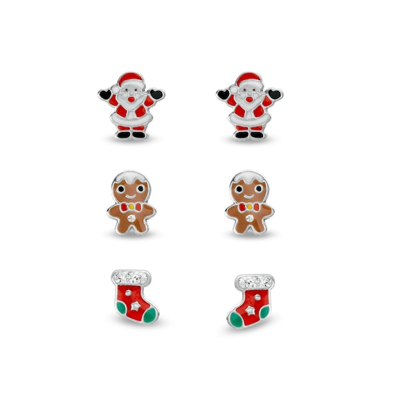 Child's Crystal with Multi-Color Enamel Santa, Gingerbread Man and Stocking Stud Earrings Set in Sterling Silver