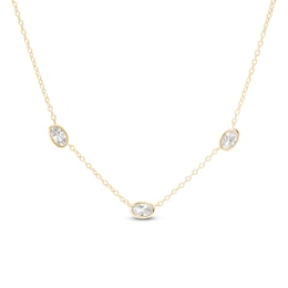 Oval Cubic Zirconia Three Stone Station Necklace in 18K Gold Over Silver