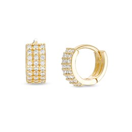 Cubic Zirconia 9.31mm Triple Row Huggie Hoop Earrings in 18K Gold Over Silver