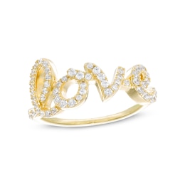 Cubic Zirconia Cursive &quot;love&quot; Ring in Sterling Silver with 18K Gold Plate