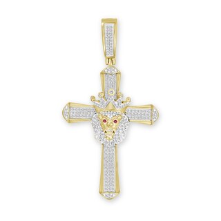 1/2 CT. T.W. Diamond and Lab-Created Ruby Crowned Lion Cross Necklace Charm in 10K Gold