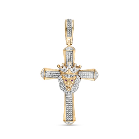 1/2 CT. T.W. Diamond and Lab-Created Ruby Crowned Lion Cross Necklace Charm in 10K Gold
