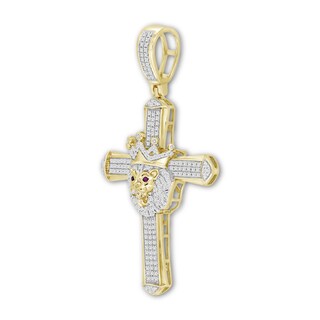 1/2 CT. T.W. Diamond and Lab-Created Ruby Crowned Lion Cross Necklace Charm in 10K Gold