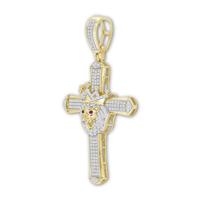 1/2 CT. T.W. Diamond and Lab-Created Ruby Crowned Lion Cross Necklace Charm in 10K Gold