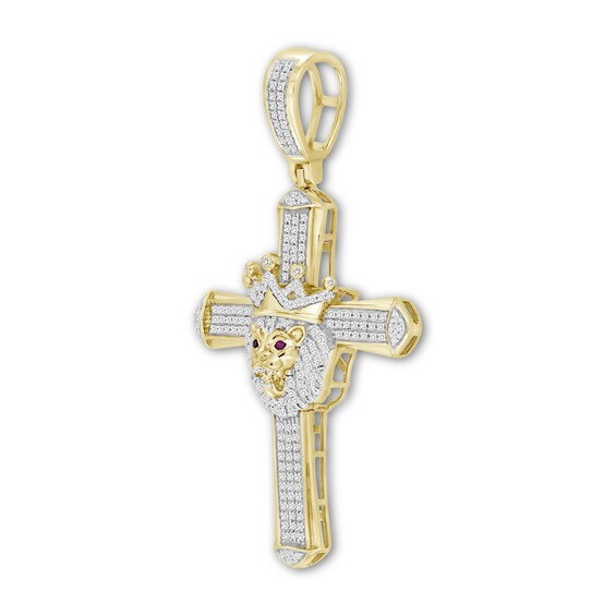 1/2 CT. T.W. Diamond and Lab-Created Ruby Crowned Lion Cross Necklace Charm in 10K Gold