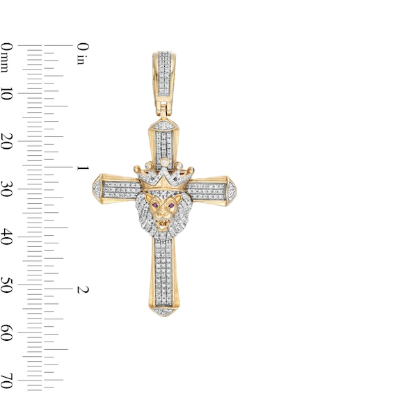 1/2 CT. T.W. Diamond and Lab-Created Ruby Crowned Lion Cross Necklace Charm in 10K Gold