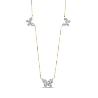 10K Solid Gold 1/3 CT. T.W. Diamond Triple Butterfly Station Necklace - 18" + 2"