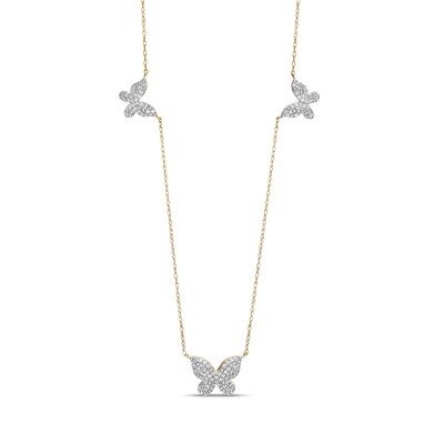 10K Solid Gold 1/3 CT. T.W. Diamond Triple Butterfly Station Necklace - 18" + 2"