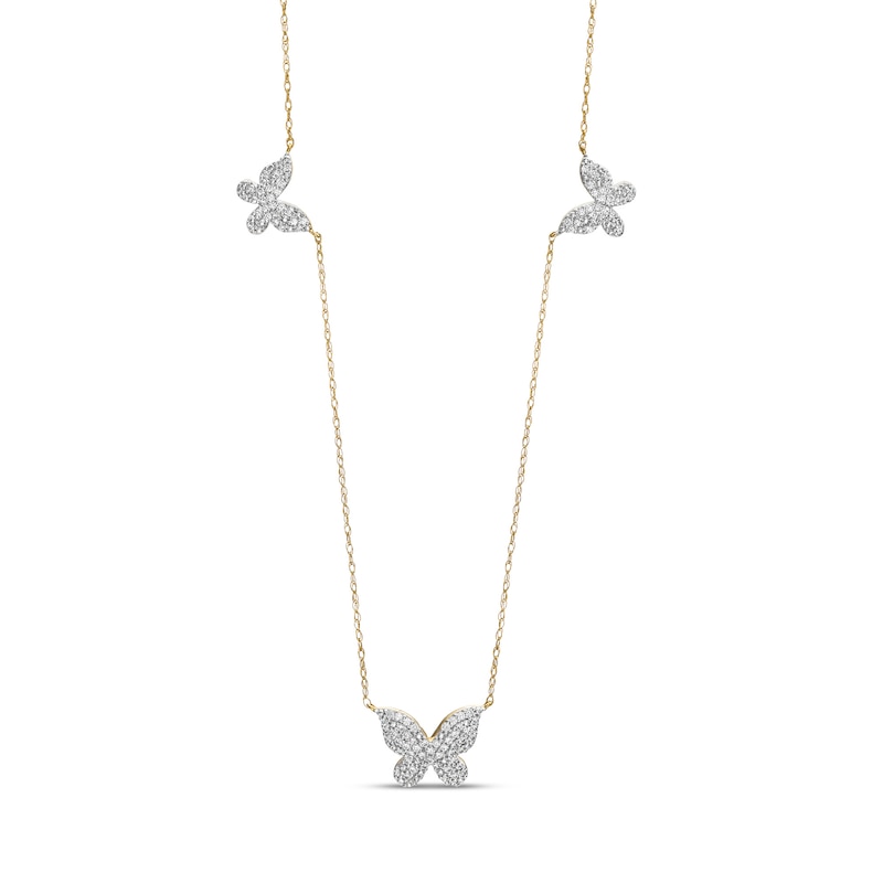 1/3 CT. T.W. Diamond Triple Butterfly Station Necklace in 10K Gold - 20"