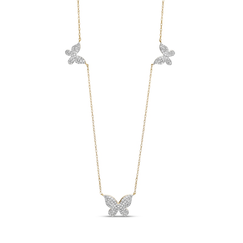 Main Image 1 of 10K Solid Gold 1/3 CT. T.W. Diamond Triple Butterfly Station Necklace - 18" + 2"