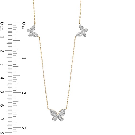 10K Solid Gold 1/3 CT. T.W. Diamond Triple Butterfly Station Necklace - 18" + 2"