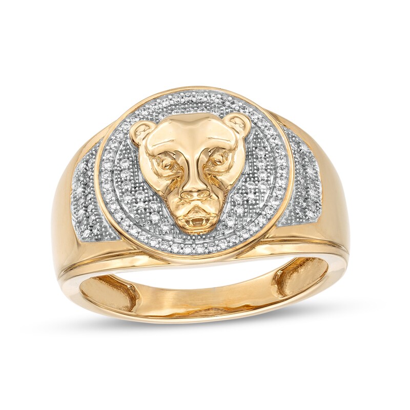 1/5 CT. T.W. Diamond Multi-Finish Panther Head Signet Ring in 14K Gold Over Silver