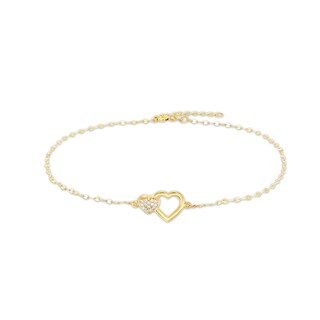 Multi-Finish Double Heart and 025 Gauge Solid Mirror Flat-Link Chain Anklet in 10K Gold - 10"