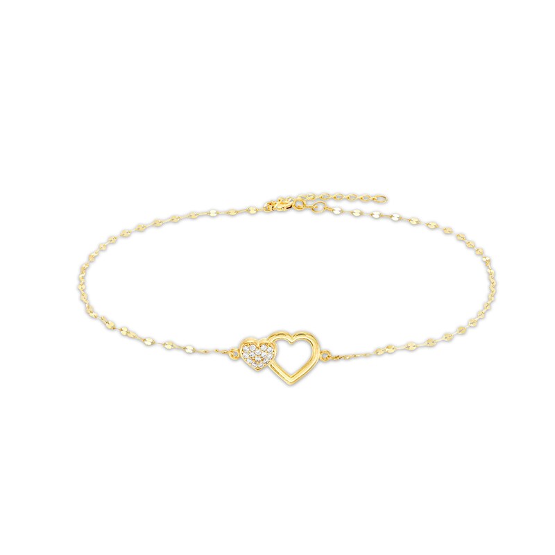 Multi-Finish Double Heart and 025 Gauge Solid Mirror Flat-Link Chain Anklet in 10K Gold - 10"