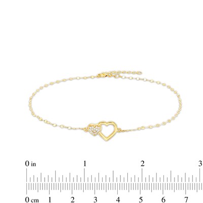 Multi-Finish Double Heart and 025 Gauge Solid Mirror Flat-Link Chain Anklet in 10K Gold - 10"