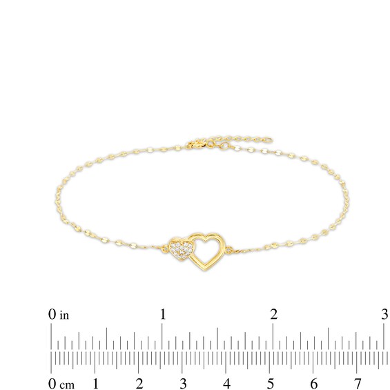 Multi-Finish Double Heart and 025 Gauge Solid Mirror Flat-Link Chain Anklet in 10K Gold - 10"