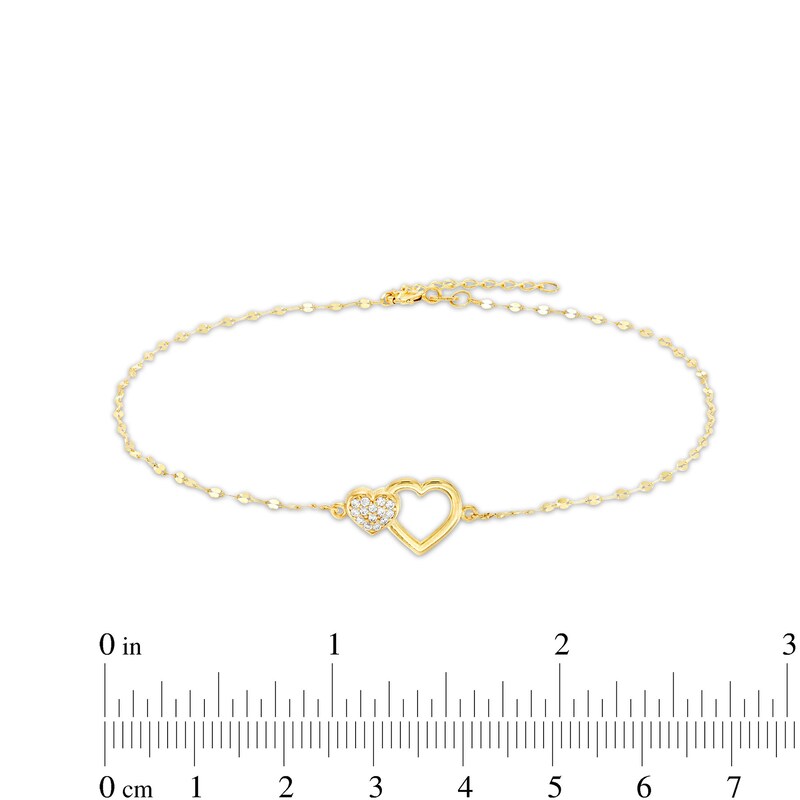 Multi-Finish Double Heart and 025 Gauge Solid Mirror Flat-Link Chain Anklet in 10K Gold - 10"