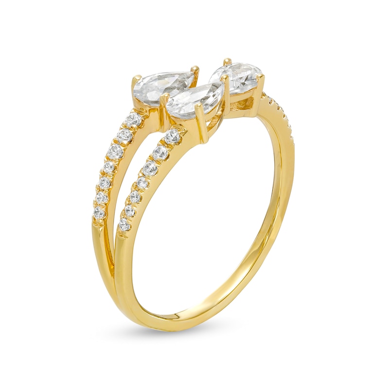 Main Image 2 of Sideways Pear-Shaped Cubic Zirconia Three Stone Split Shank Wrap Ring in 10K Gold - Size 7