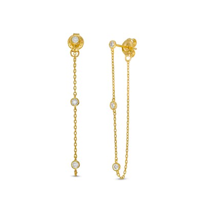 Cubic Zirconia Three Stone Station with Chain Drop Solid Front/Back Earrings in 10K Gold
