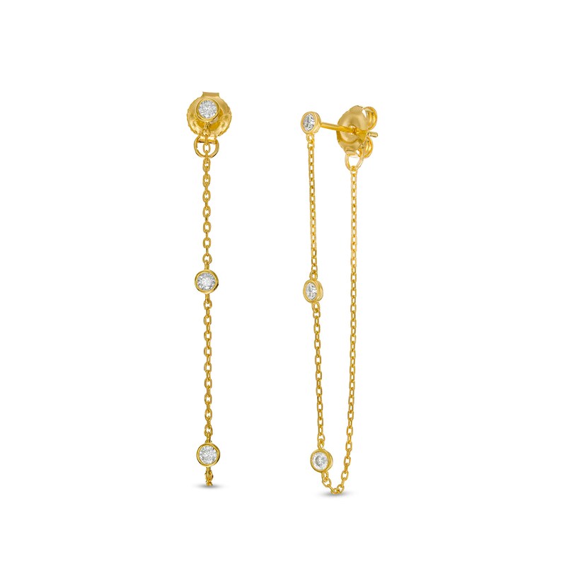 Cubic Zirconia Three Stone Station with Chain Drop Solid Front/Back Earrings in 10K Gold