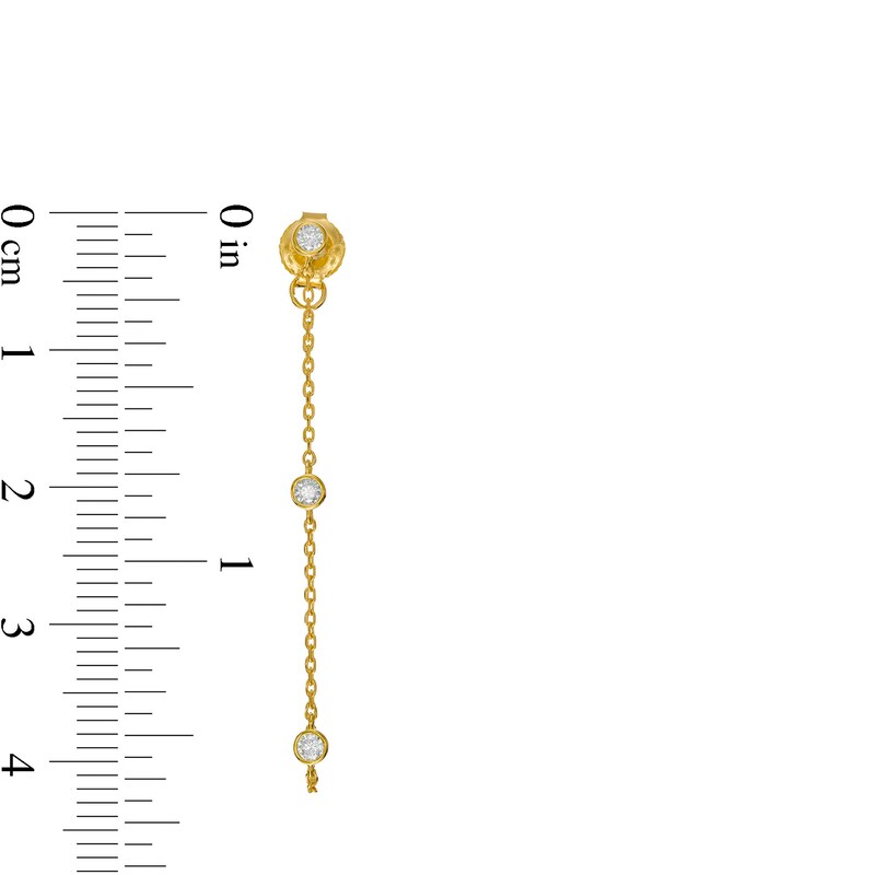 Main Image 2 of Cubic Zirconia Three Stone Station with Chain Drop Solid Front/Back Earrings in 10K Gold