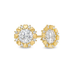 4.5mm Cubic Zirconia Alternating Frame with Hearts Stud Earrings in 10K Gold