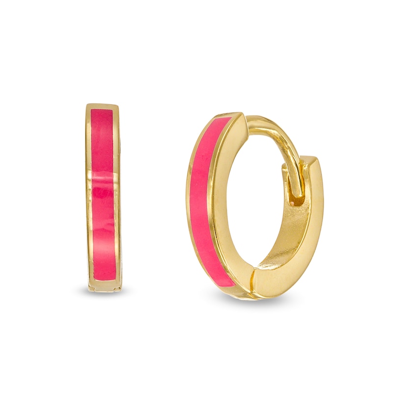 10 x 1.5mm Pink Enamel Huggie Hoop Earrings in 10K Gold