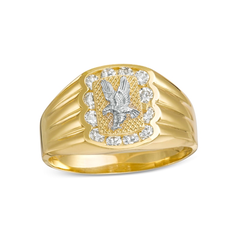 Cubic Zirconia Scallop Frame Eagle Ribbed Shank Two-Tone Ring in 10K Gold - Size 10