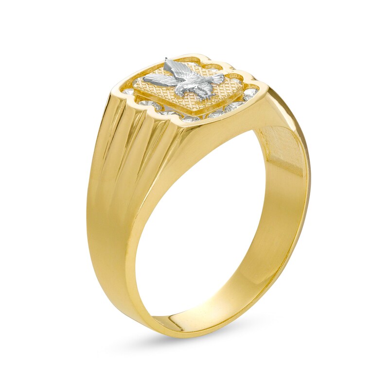 Main Image 2 of Cubic Zirconia Scallop Frame Eagle Ribbed Shank Two-Tone Ring in 10K Gold - Size 10
