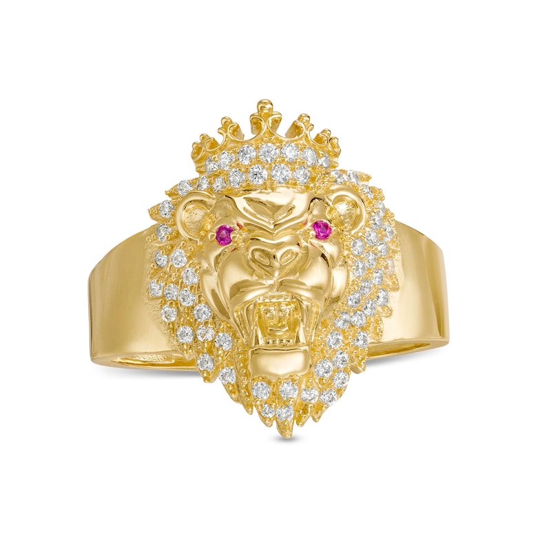 Lab-Created Ruby and White Cubic Zirconia Lion Head with Crown Ring in 10K Gold - Size 10