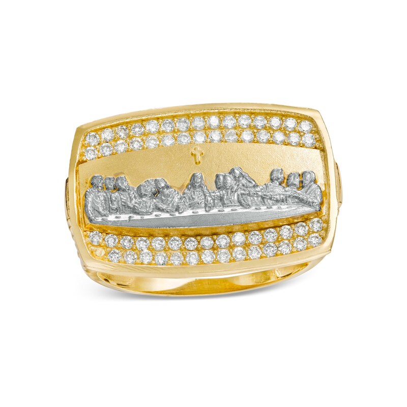Main Image 1 of Cubic Zirconia Rectangle-Top Last Supper Triple Row Ribbed Shank Two-Tone Ring in 10K Gold - Size 10
