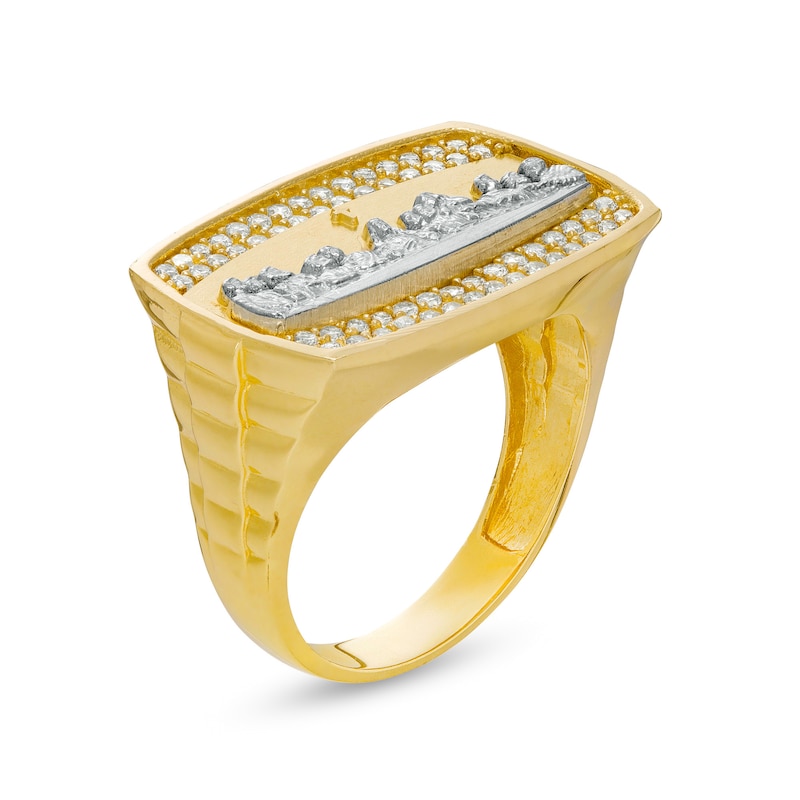 Cubic Zirconia Rectangle-Top Last Supper Triple Row Ribbed Shank Two-Tone Ring in 10K Gold - Size 10
