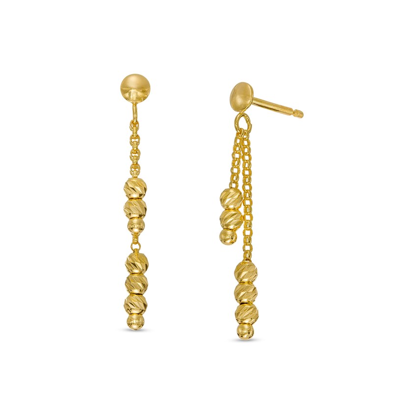 Diamond-Cut Stacked Bead Asymmetrical Double Chain Hollow Drop Earrings in 10K Solid Gold