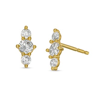 Cubic Zirconia Three Stone Vertical Stud Earrings in 10K Gold