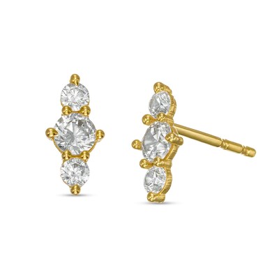 Cubic Zirconia Three Stone Vertical Stud Earrings in 10K Gold